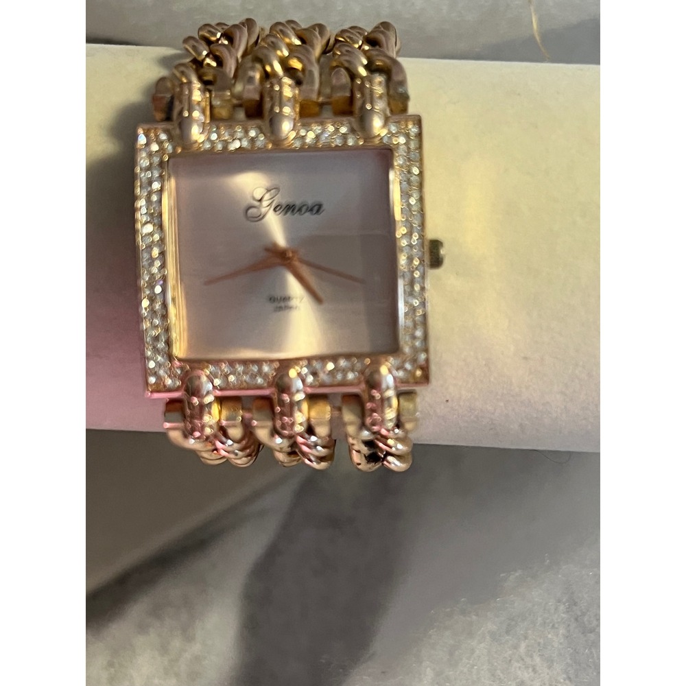 Genoa Rose Gold Tone Crystal Square Face Quartz Watch Chain Link Bracelet